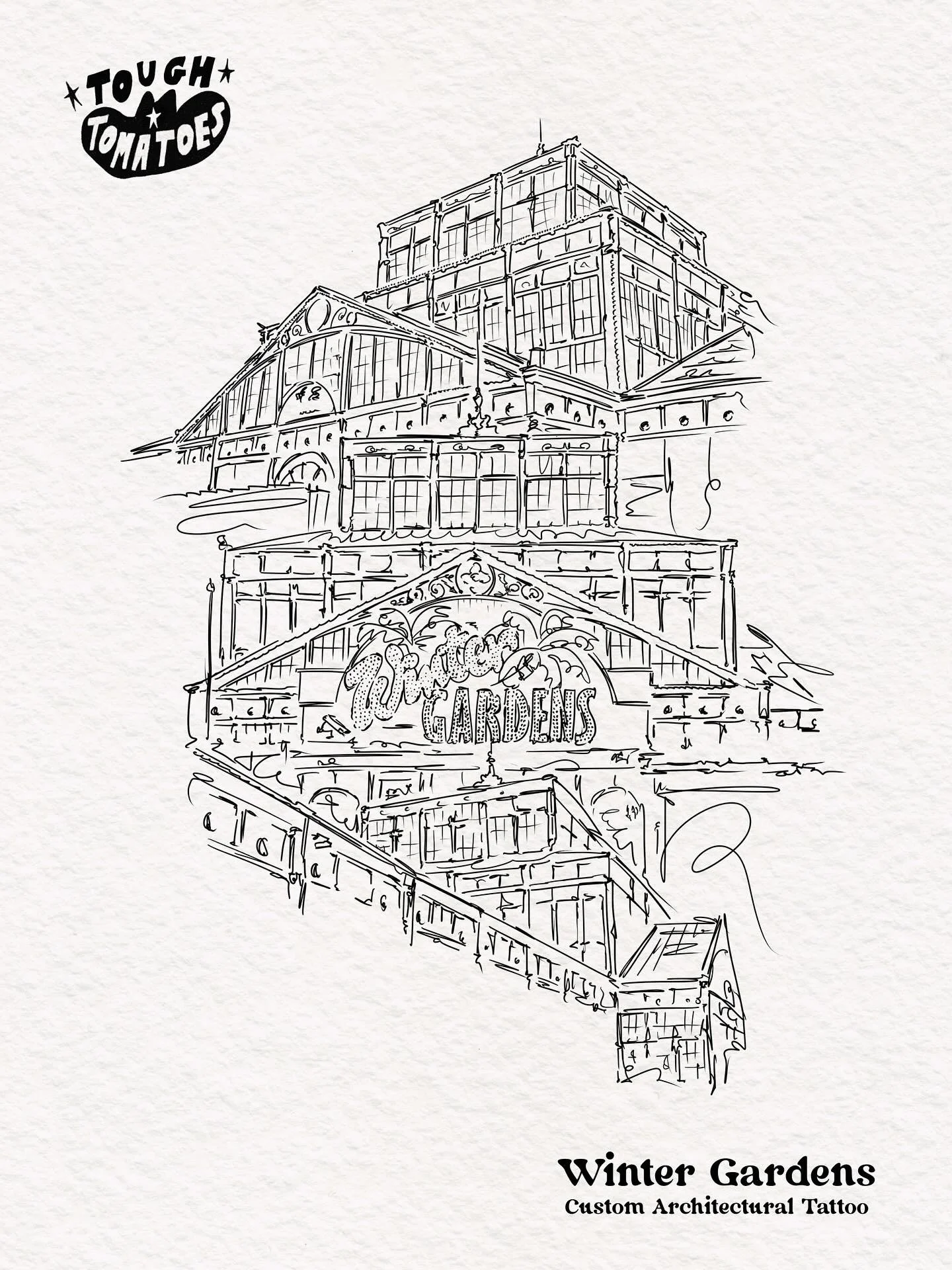 Can&rsquo;t wait to ink this Winter Gardens piece for Lyds. So excited to do it I had to share the design early 🌝
So far this year I&rsquo;ve been asked to draw a lighthouse, windmill, a church, two cathedrals, a derelict office block, a demolished 