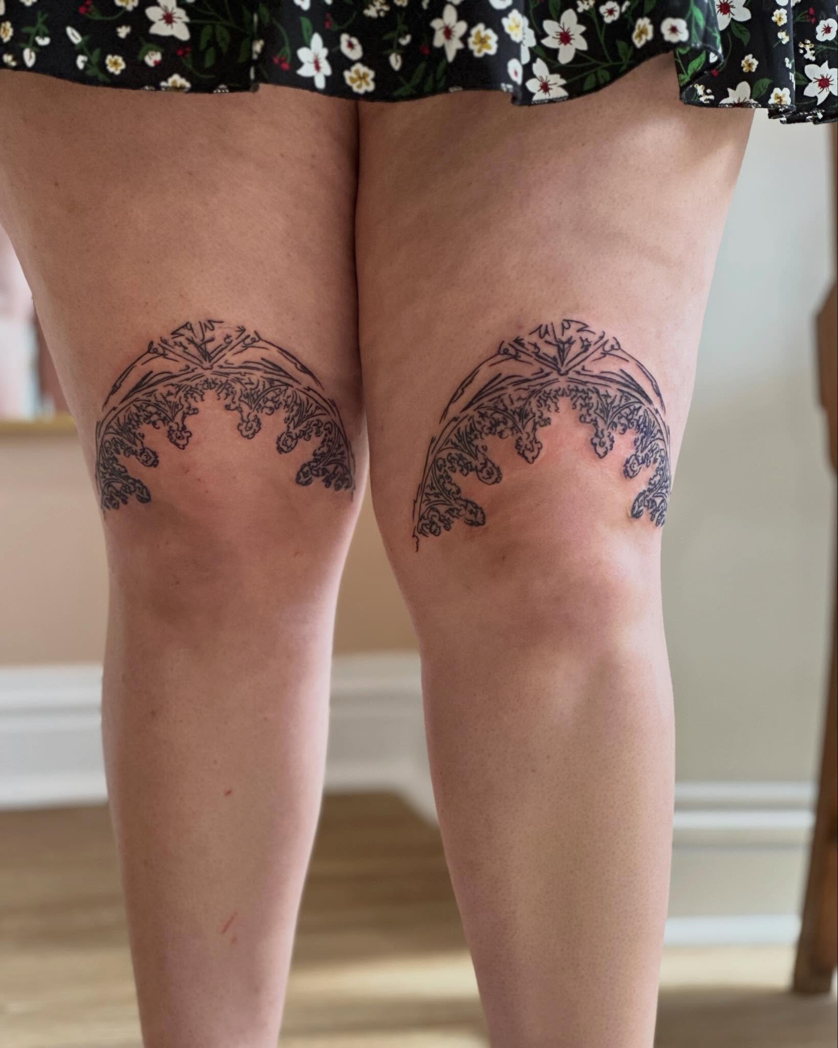 Cathedral arches from oak carvings in Norwich Cathedral. Thank you to Ellie for absolutely acing today, it&rsquo;s a big session having both knees tattooed at the same time!