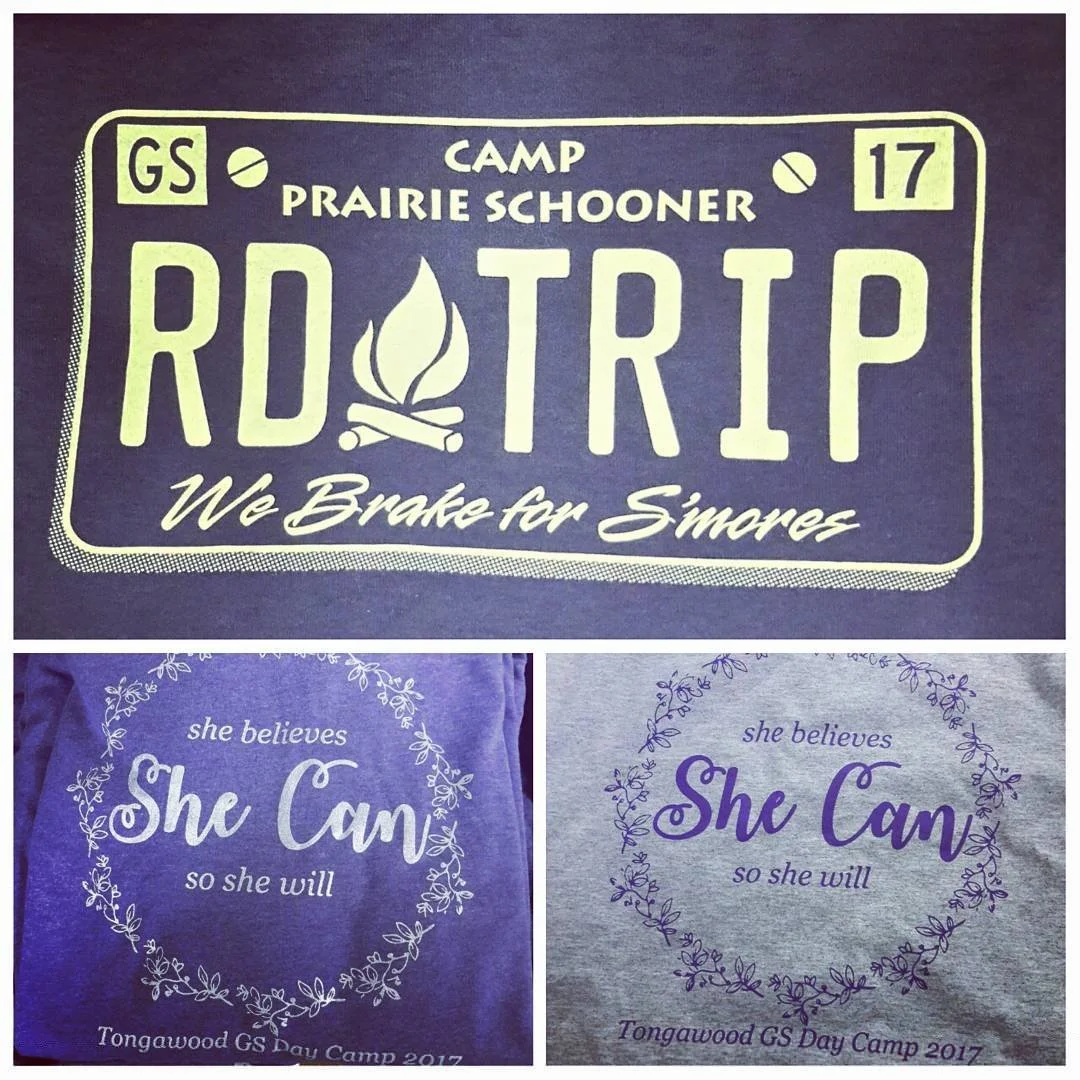 Top image shows a purple camp T-shirt with a yellow design featuring a camp name, slogan, and decorative elements. Bottom left and right images display two T-shirts, one purple and one gray, with the same inspirational quote in purple text surrounded