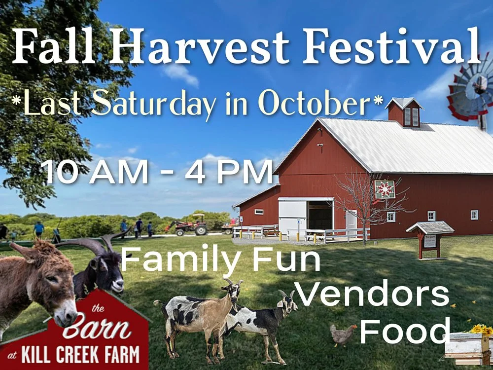 Fall Harvest Festival advertisement on a farm with a red barn, blue sky, trees, and goats in foreground. Event details: last Saturday in October, 10 AM to 4 PM, family fun, vendors, food.