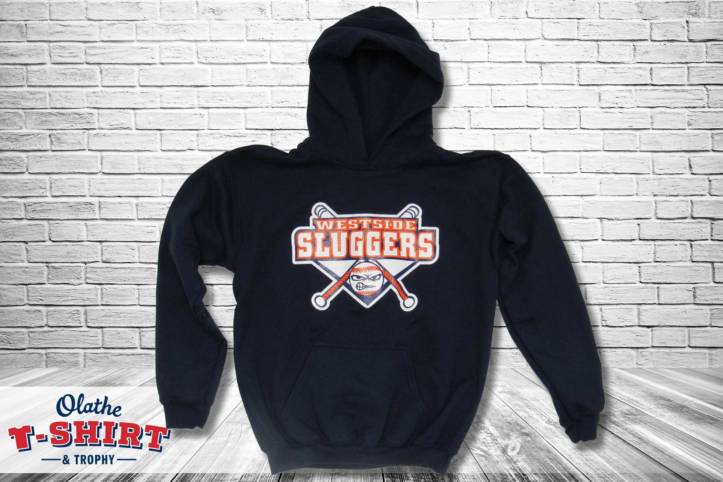 Black baseball hoodie with a cartoon mascot and crossed bats.
