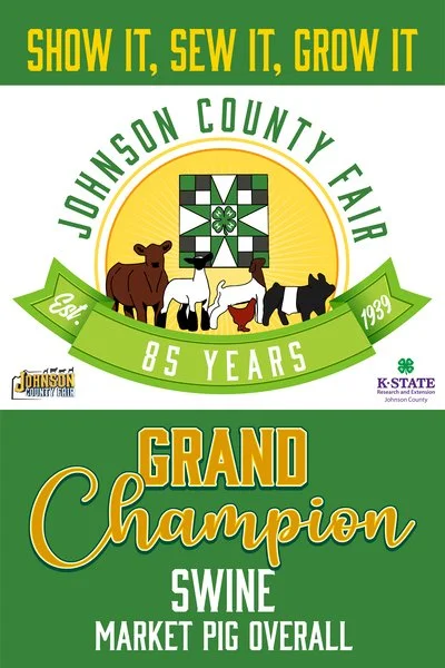 Johnson County Fair 85th anniversary banner with cows, pig, and green quilt pattern, celebrating 1939-2024, promoting swine market pig overall.