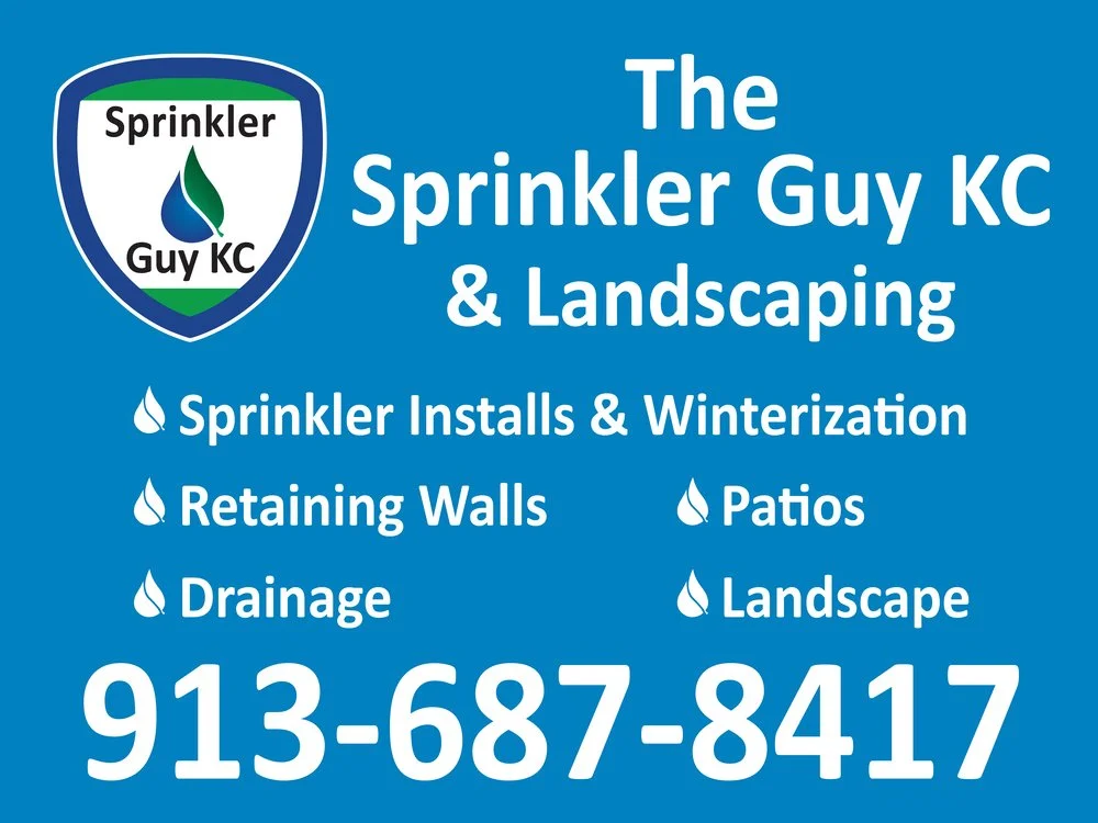 Sprinkler and landscaping business graphic with a company logo, services and contact information.