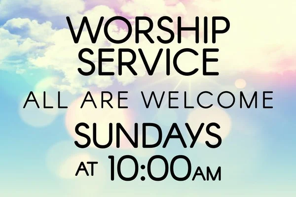 A colorful sky background with a church announcement that reads: 'WORSHIP SERVICE, ALL ARE WELCOME, SUNDAYS AT 10:00 AM.'