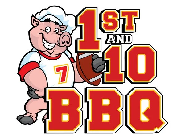 A cartoon pig dressed as a chef holding a football, with the text '1st and 10 BBQ' in bold red and yellow letters.