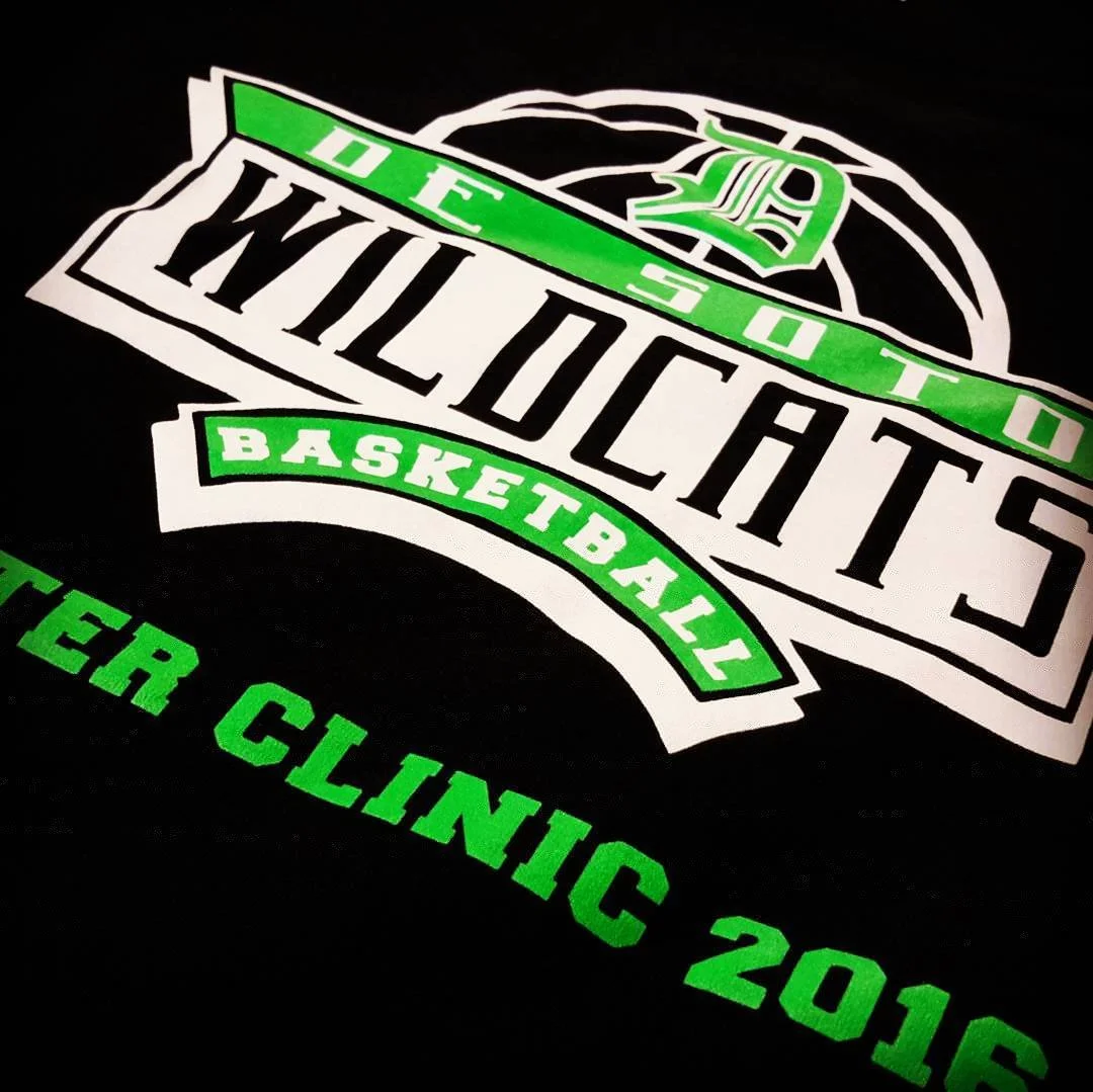 Green, black and white basketball clinic graphic with a team mascot.