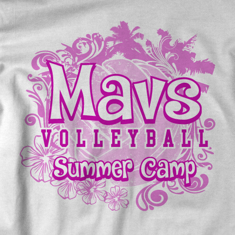 Gray T-shirt featuring purple and pink text that reads "Mavs Volleyball Summer Camp" with decorative floral and palm tree graphics.