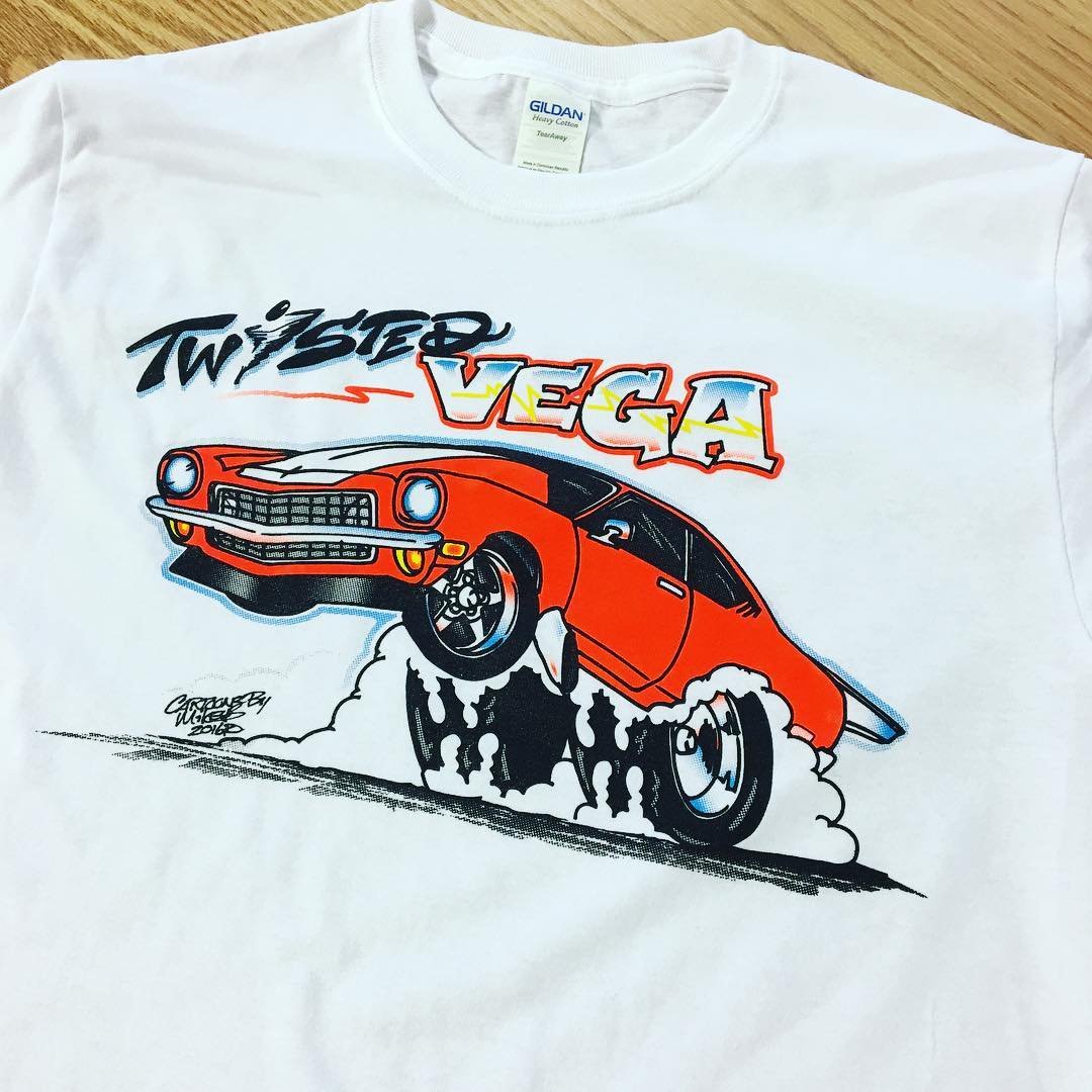 White Twisted Vega T-shirt with an illustrated muscle car and tire smoke.
