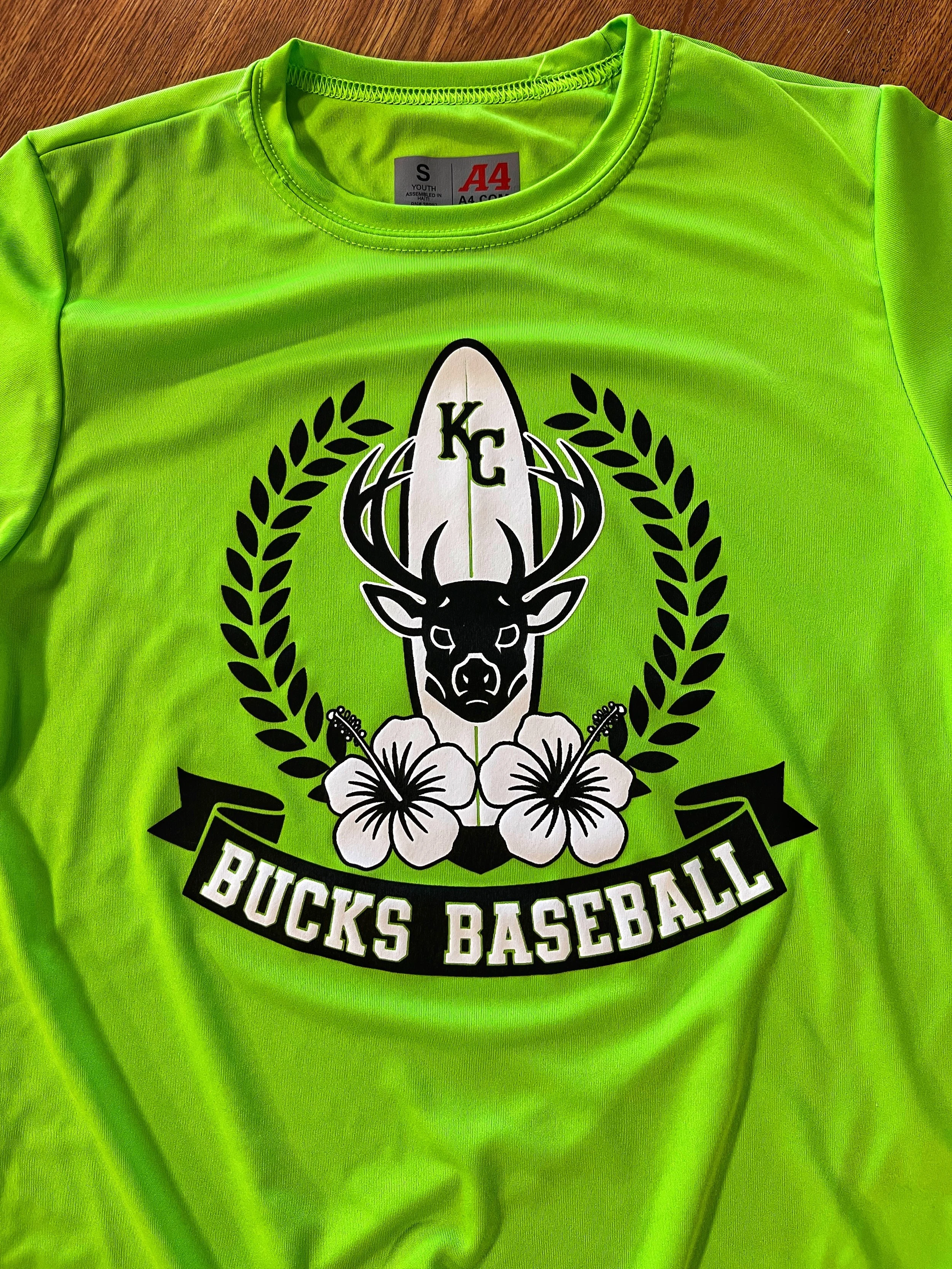 Bright green Bucks Baseball shirt with a deer-head logo and floral details.