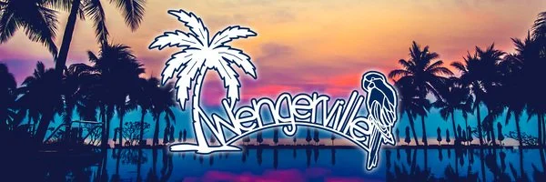 Sunset over a tropical landscape with palm trees and a reflection in the water, featuring a logo with a palm tree and a bird, and the word 'Wengerville' in stylized font.
