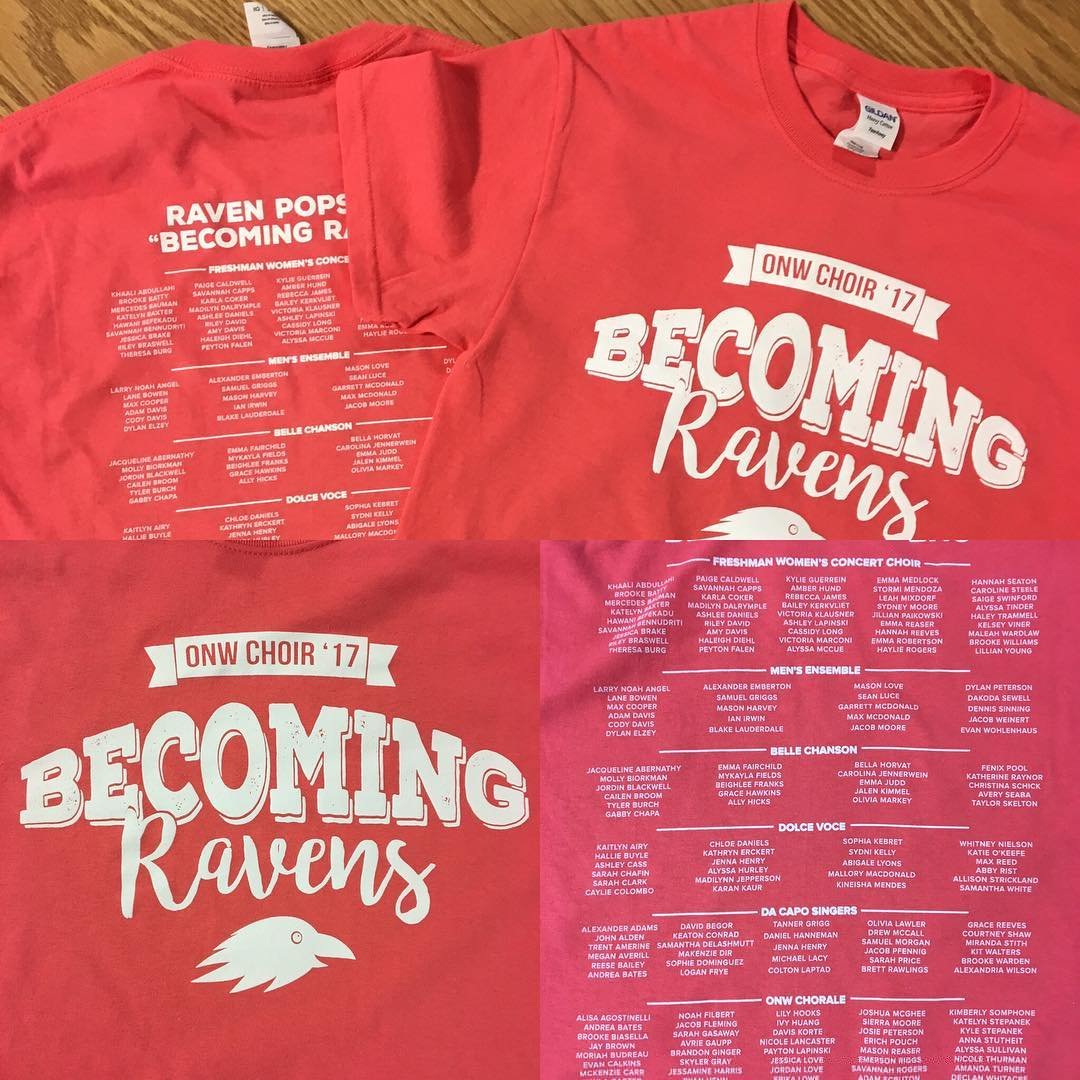 Two red T-shirts with choir group rosters printed on the back and front, including names and choir titles.