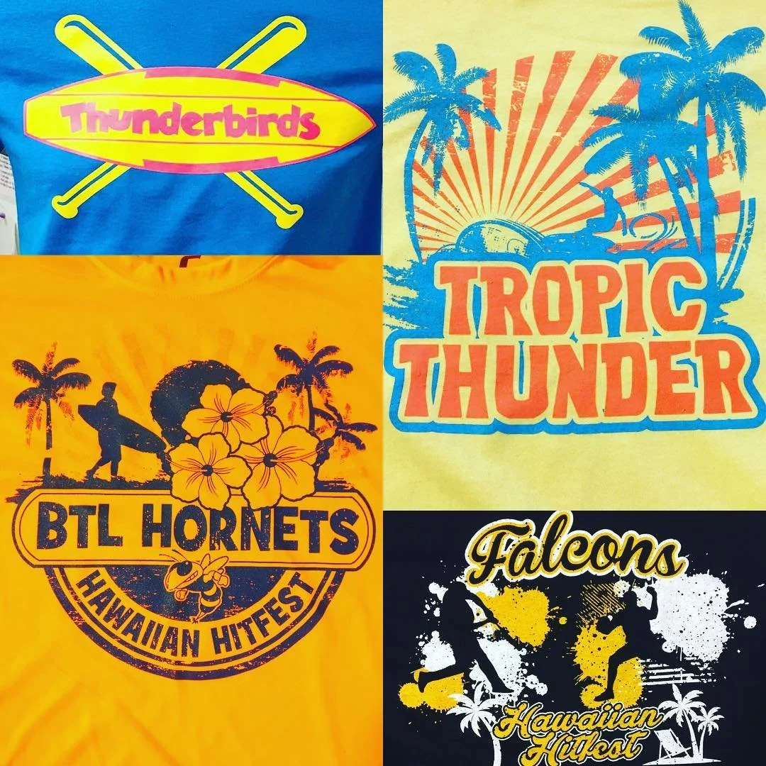 Collage of colorful tropical-themed shirts with palm trees and team graphics.
