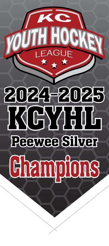 Youth hockey championship banner with a red and gray shield and patterned background.