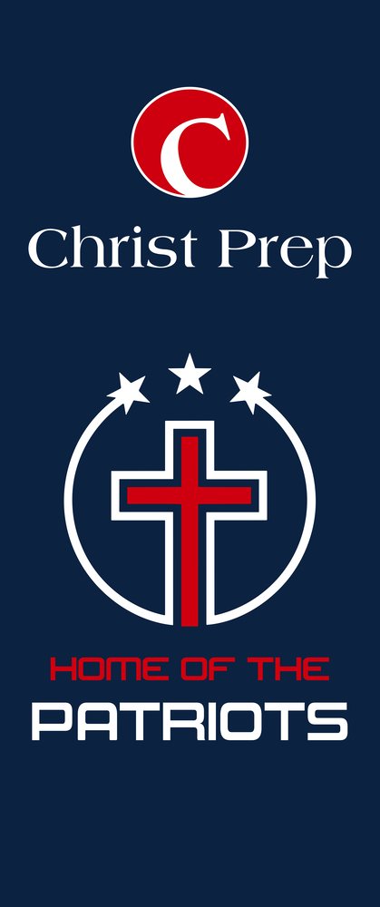 Christ Prep logo with a red and white emblem, and text that says 'Christ Prep, Home of the Patriots' with a football-themed crest and stars.