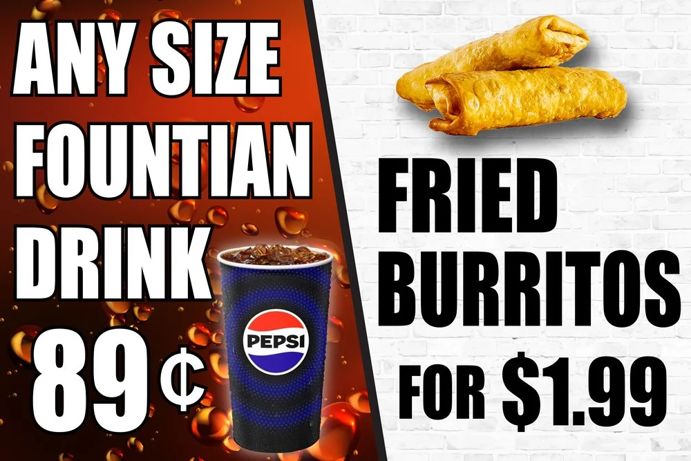 Food promotion graphic featuring burritos and a fountain drink.