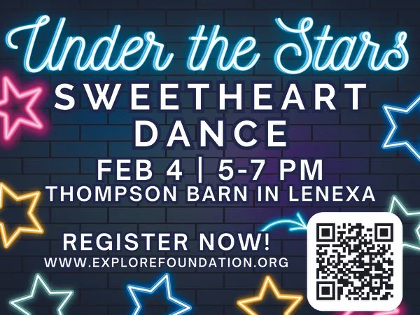 Neon sign advertising 'Under the Stars Sweetheart Dance' on February 4th from 5 to 7 PM at Thompson Barn in Lenexa, with a QR code and colorful star illustrations on a dark brick wall background.