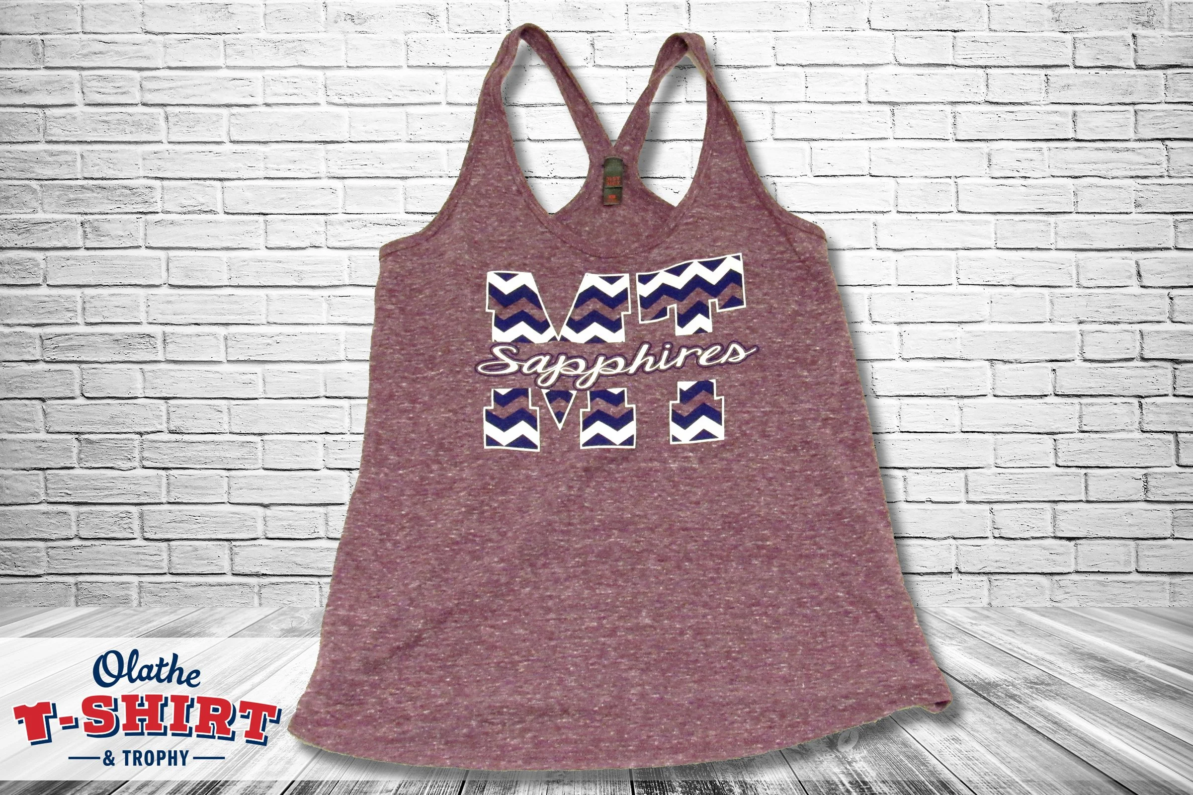 Maroon dance tank top with large patterned letters and script lettering.