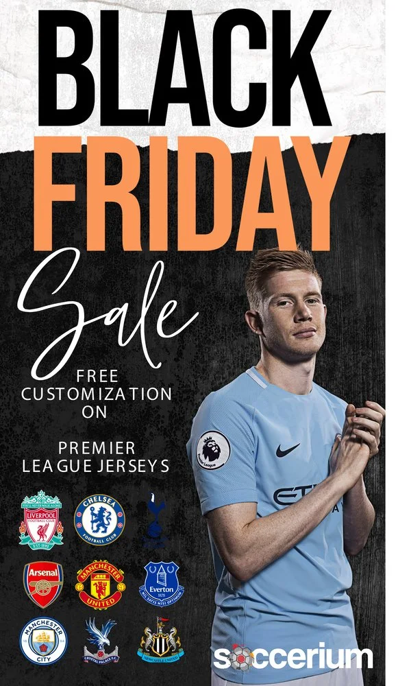 Soccer jersey promotion graphic with a player photo and club logos.