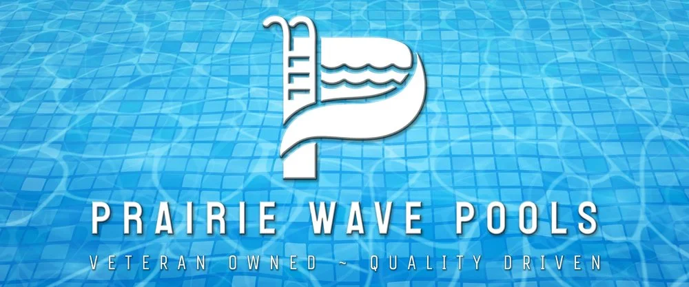 Logo of Prairie Wave Pools with a stylized wave design and water in the background, featuring text: 'Prairie Wave Pools' and a tagline 'Veteran Owned ~ Quality Driven'.