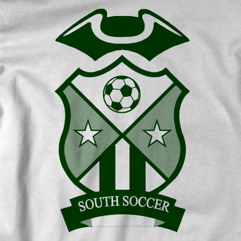 South Soccer team emblem with a shield, two stars, a soccer ball, and a banner reading 'South Soccer'.