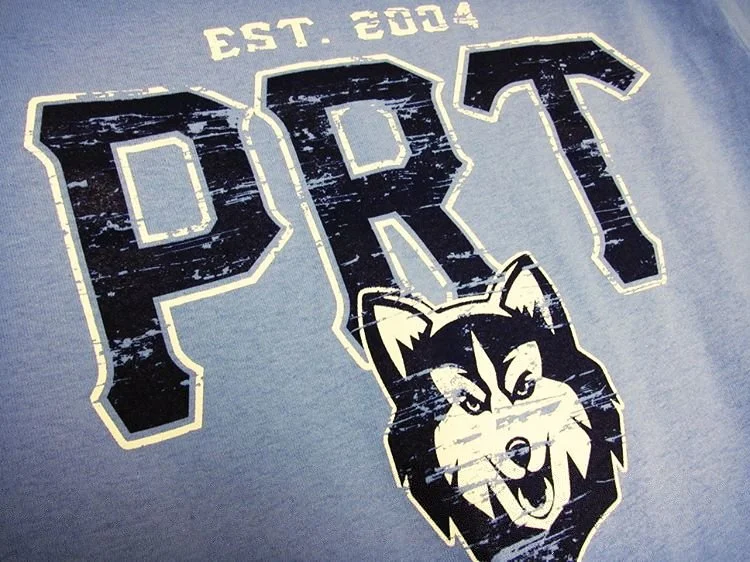 Blue shirt with distressed lettering and an animal mascot graphic.