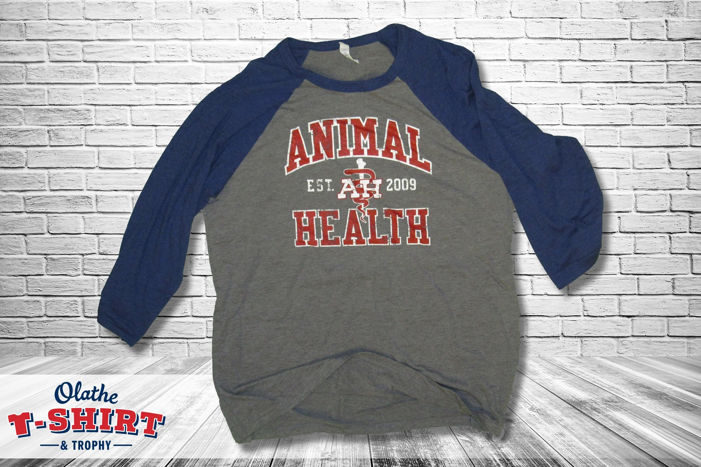 Gray and blue baseball-style shirt with an animal-health design and medical symbol.