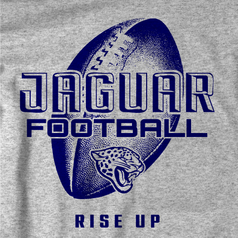 Gray T-shirt with a blue and white logo for Jaguars football team. The logo features a jaguar's head and a football, with the text "JAGUAR FOOTBALL" and "RISE UP."