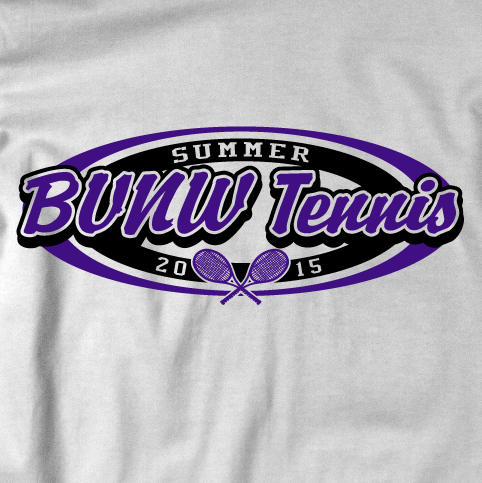 Purple and black summer tennis graphic with crossed rackets.