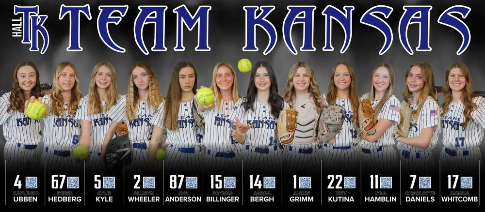 Team Kansas softball banner with players holding gloves and balls.