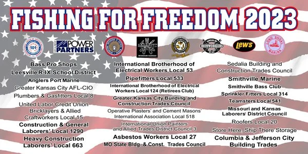 Fishing for Freedom event banner with sponsor logos.