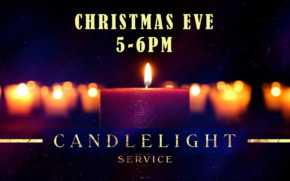 A promotional poster for a Christmas Eve candlelight service featuring a lit candle in the foreground with blurred candles in the background, text overlay indicating the event date and time, and decorative gold accents.
