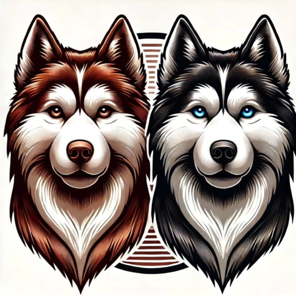 Digital artwork of two Siberian Huskies, one with brown and white fur and one with black and white fur, facing forward with distinct colored eyes, set against a white background with a circular geometric design behind their heads.