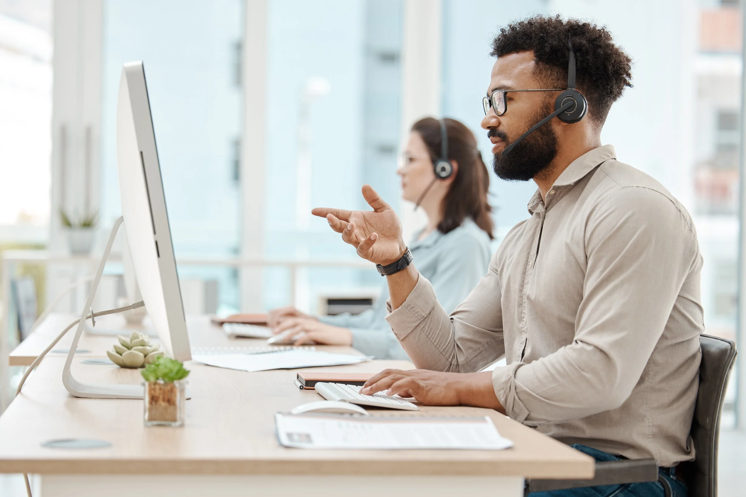 Man on service call with headset