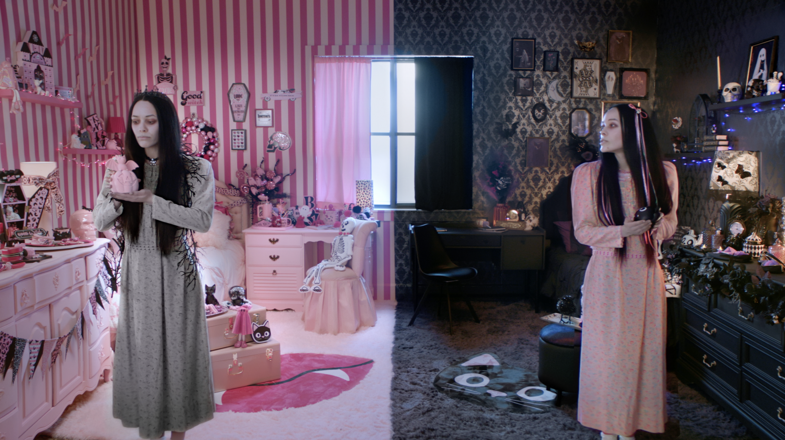 Two women standing in decorated bedrooms, one holding a pink purse and the other holding a gaming controller.