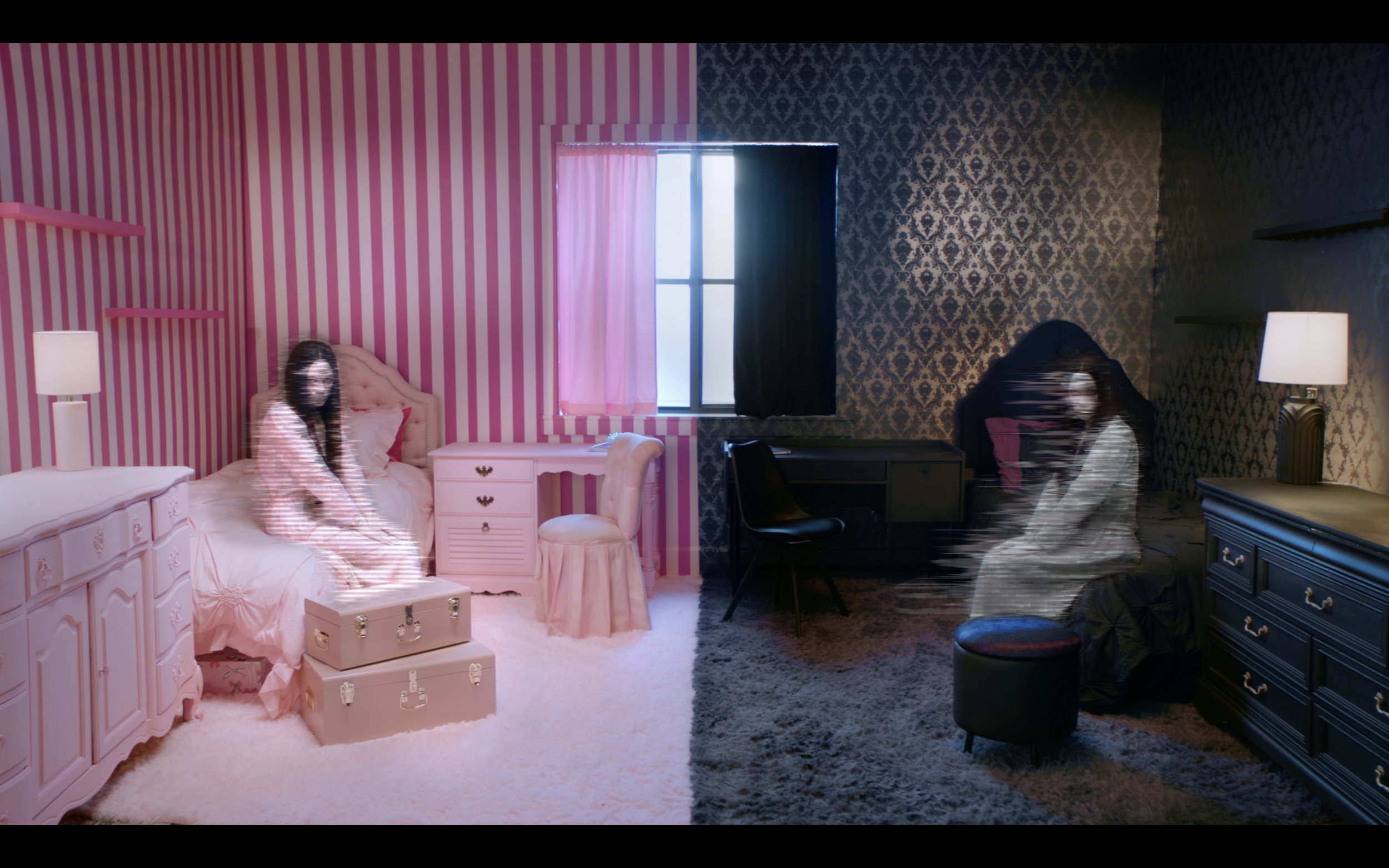 Split-screen image showing a pink, cheerful bedroom on the left and a dark, moody bedroom on the right, with two women sitting on beds in motion blur.