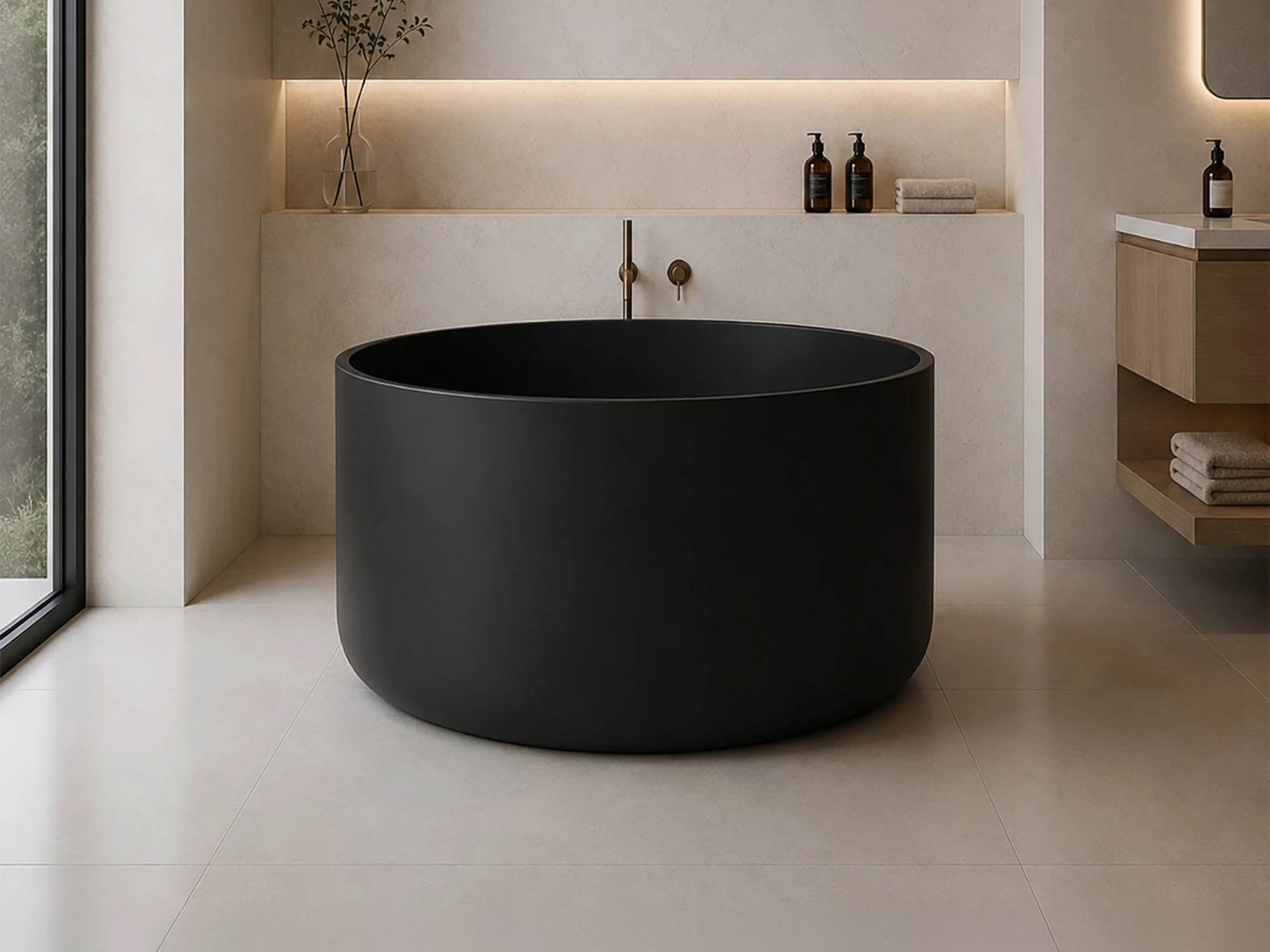 Modern Round Deep Black Tub With Stool