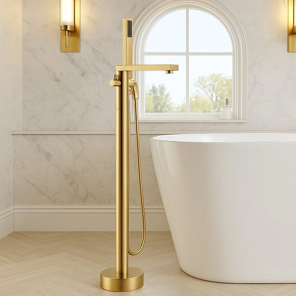 Modern luxury redefined.
The perfect balance of form and function elevate your bath space with timeless sophistication and golden elegance. 

#LuxuryBathroom #ModernDesign #FreestandingTub #HomeDecorInspo #CastelloUSA
