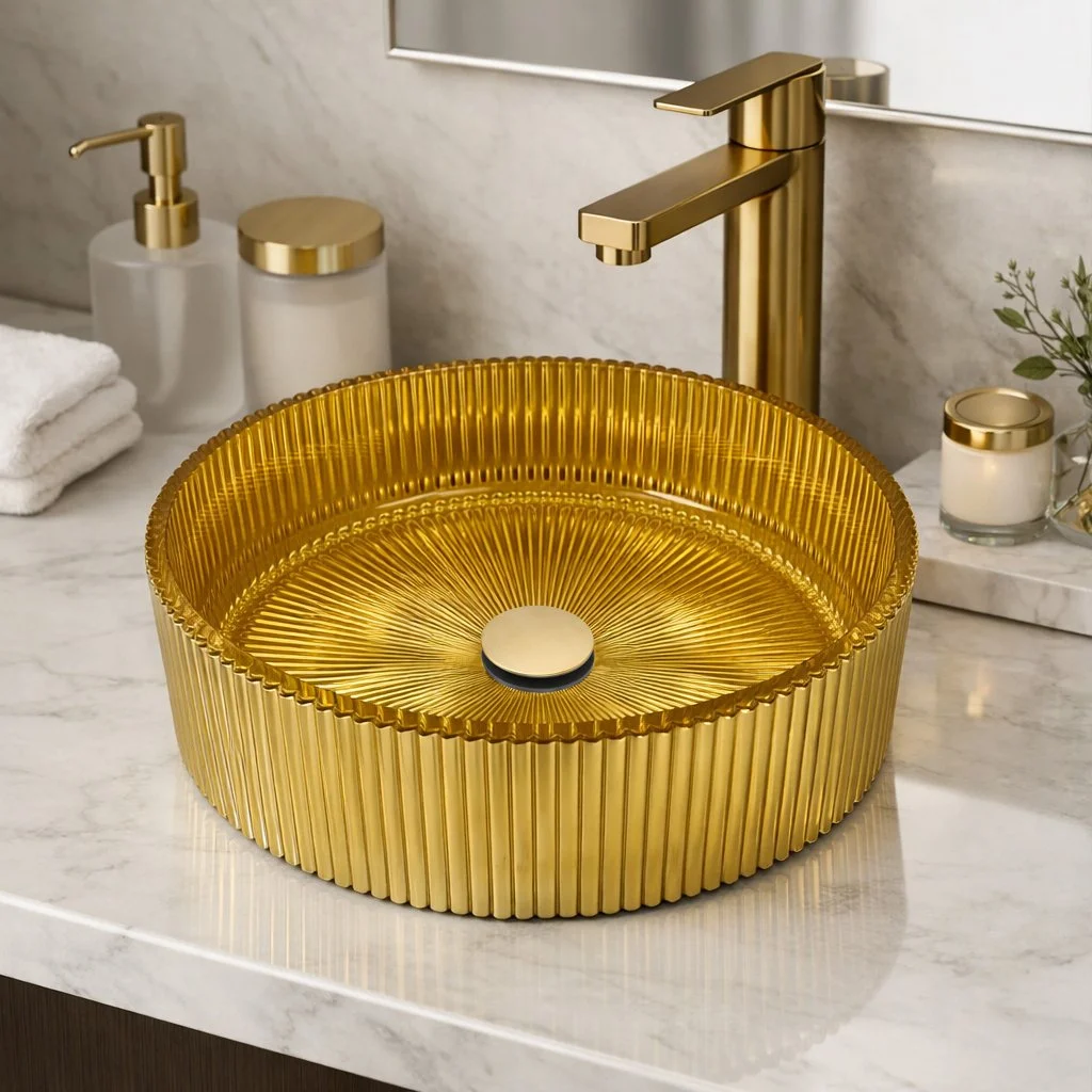 Luxury in every detail. The Castello fluted gold vessel sink brings modern elegance and a bold statement to any bathroom.

#CastelloUSA #LuxuryBathroom #VesselSink #ModernBathroom #BathroomDesign #GoldSink #LuxuryHome #InteriorDesign #BathroomInspo #