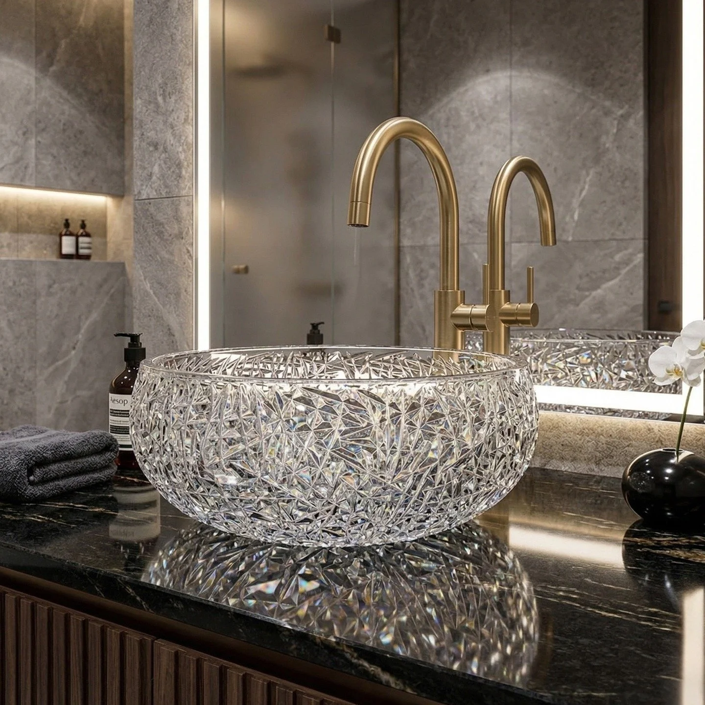 A mesmerizing statement piece that transforms the ordinary into the extraordinary, reflecting light and luxury in every facet.

#CastelloUSA #LuxuryBath #InteriorDesign #HomeDecor #StatementPiece #BathroomGoals #CrystalSink #ArtisticDesign #HomeRenov