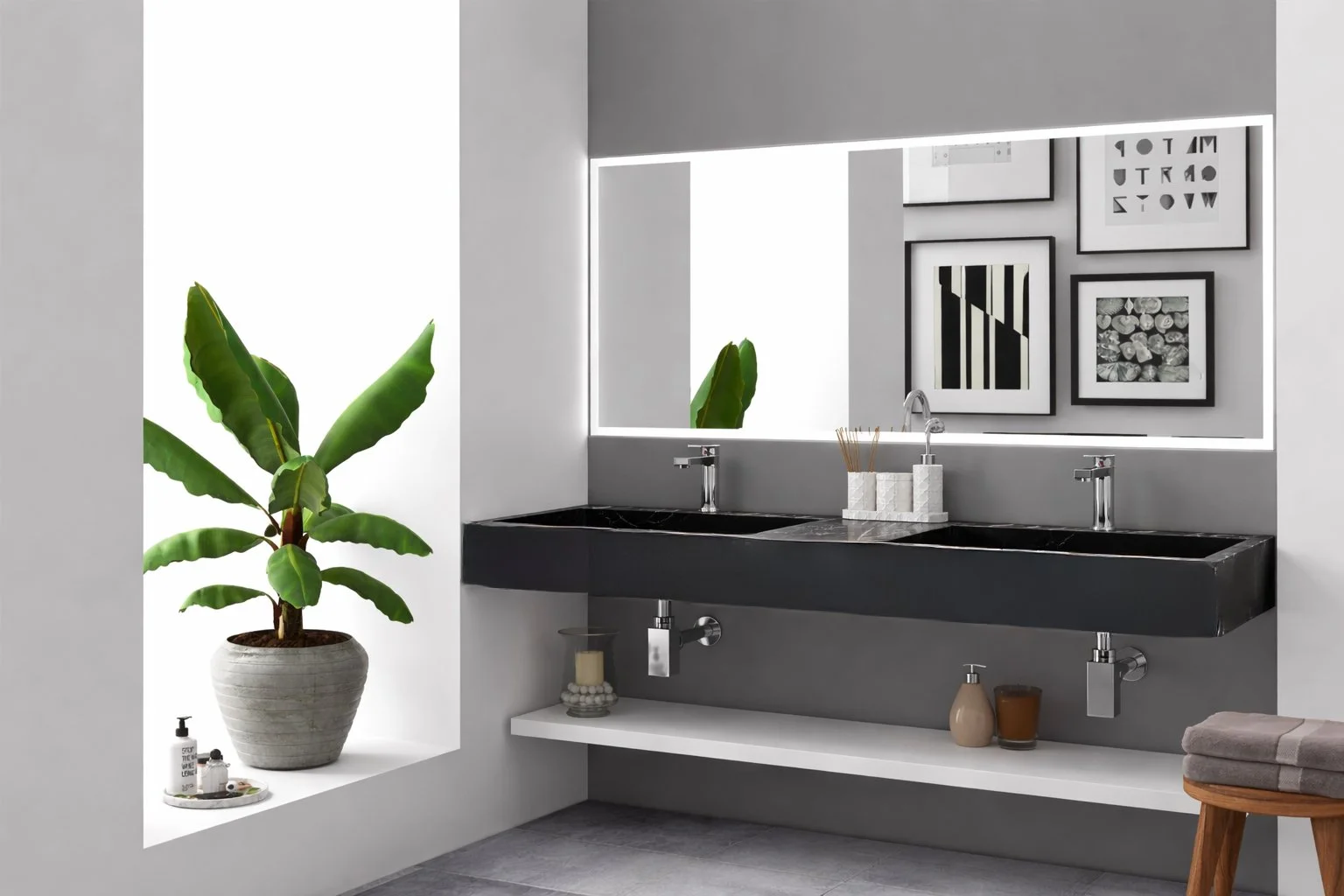 Juniper 60" Solid Surface Stone Double Basin Bathroom Sink in Black Marble