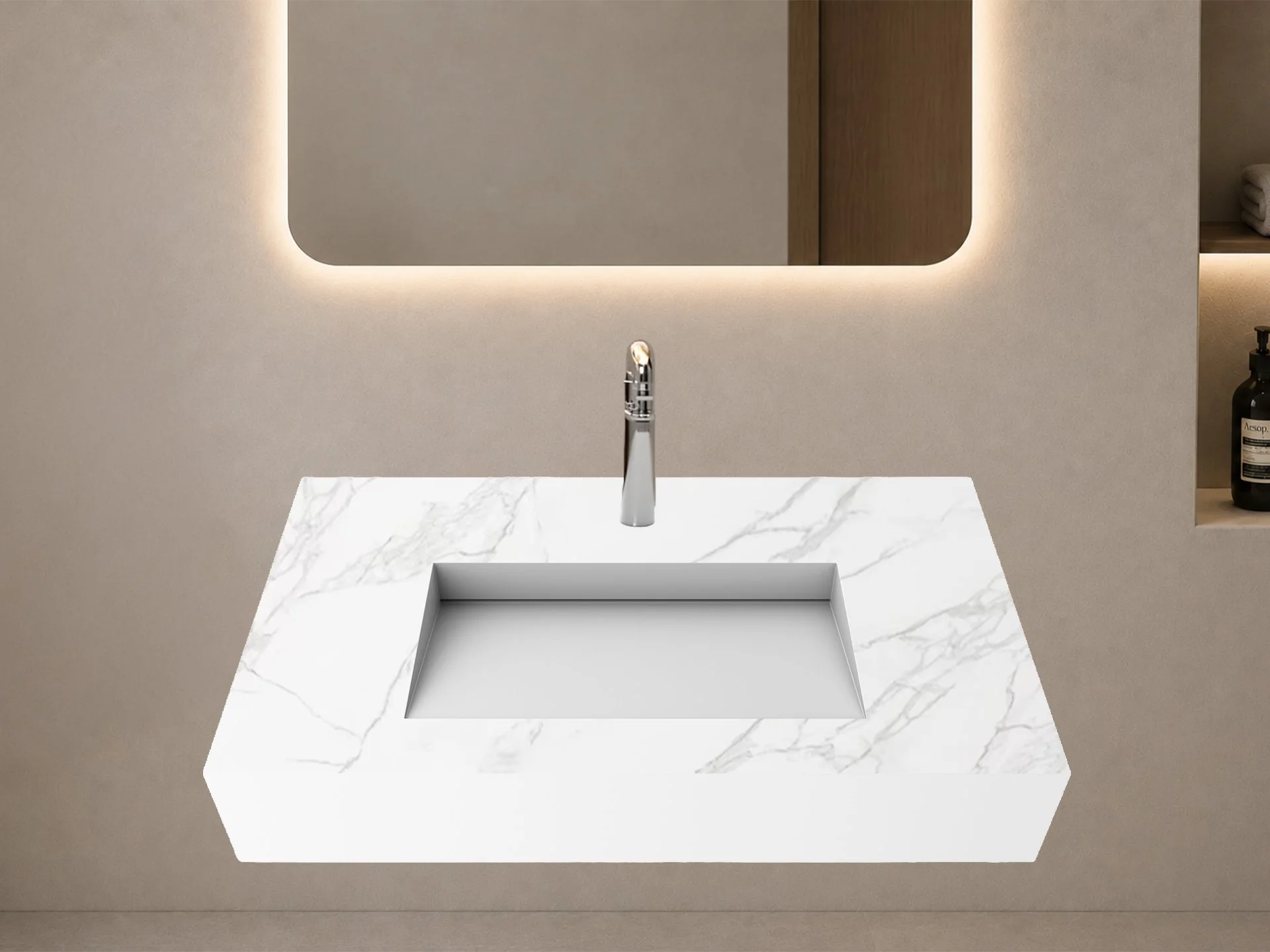 Pyramid 36" Wall Mounted Bathroom Sink,Marble White