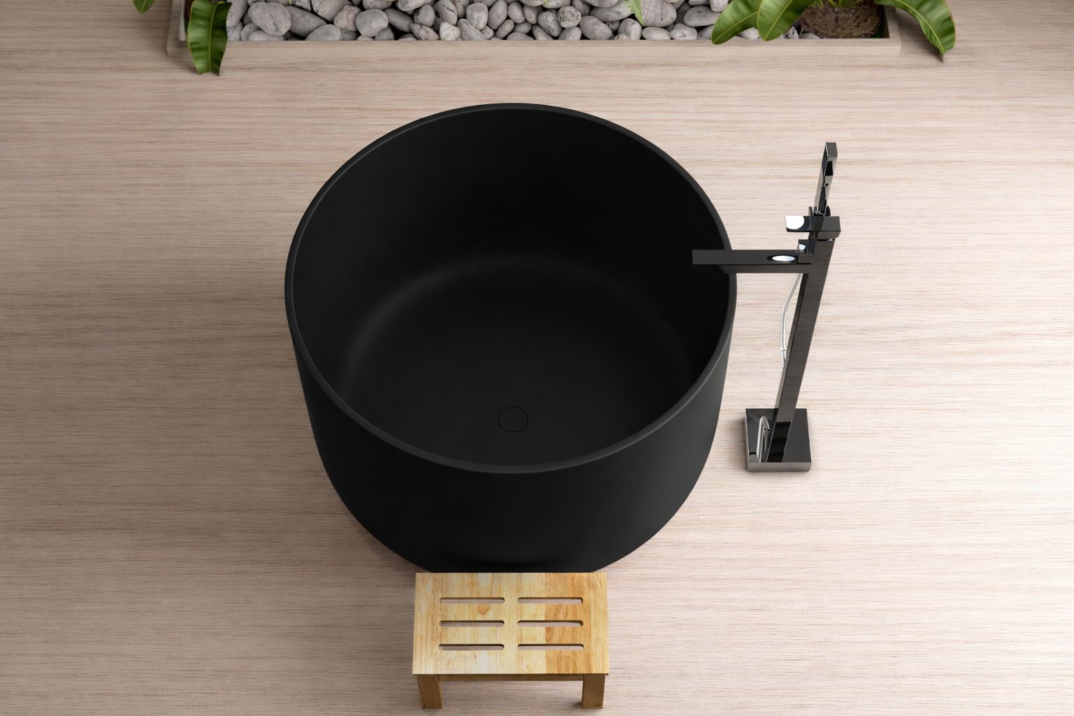 Modern Round Deep Black Tub With Stool