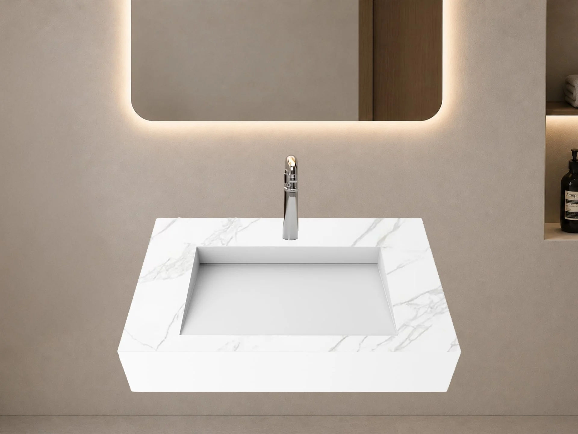 Pyramid 30" Wall Mounted Bathroom Sink, Marble White