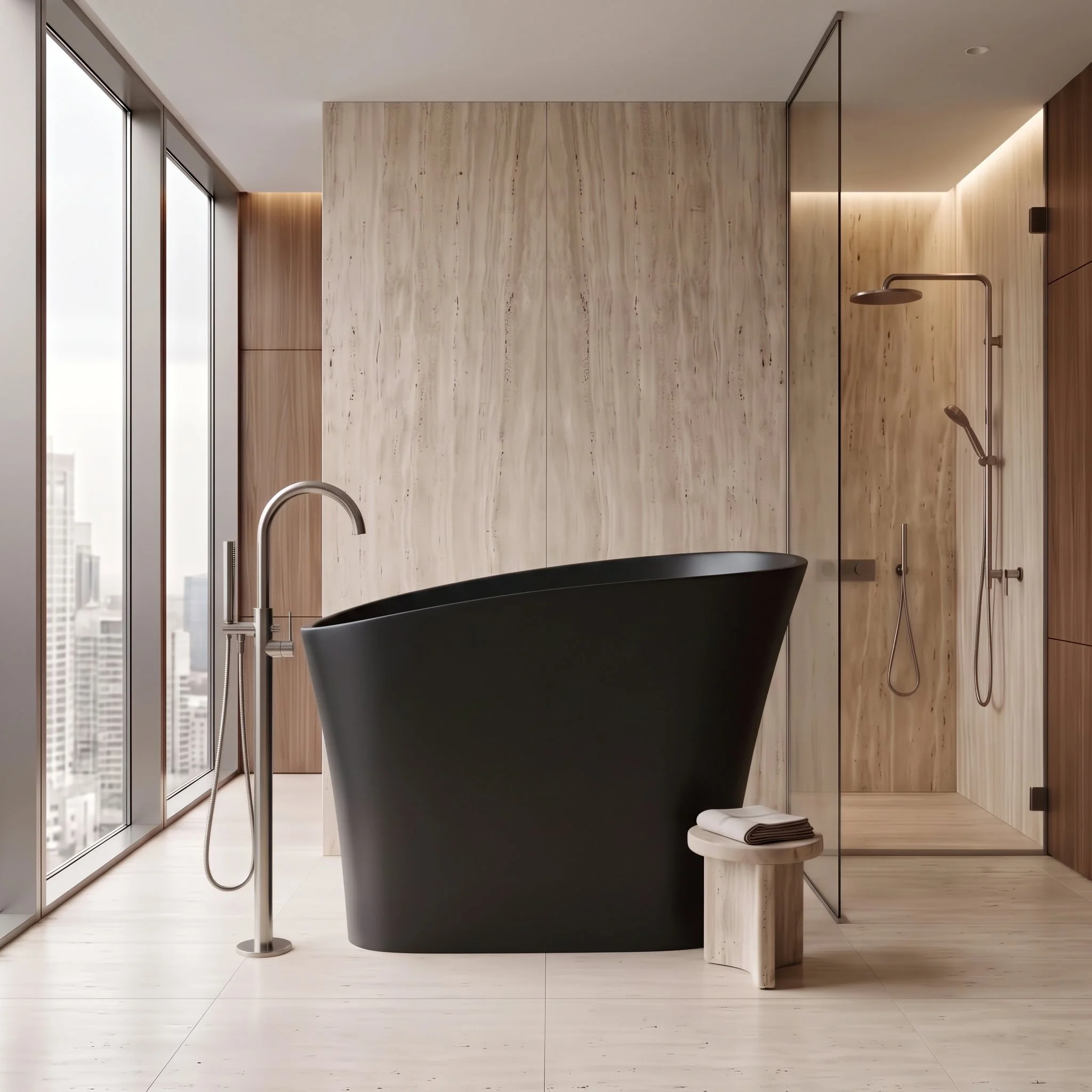 47" Modern Japanese Black Solid Surface Stone Soaking Bathtub-Perfect for Relaxation