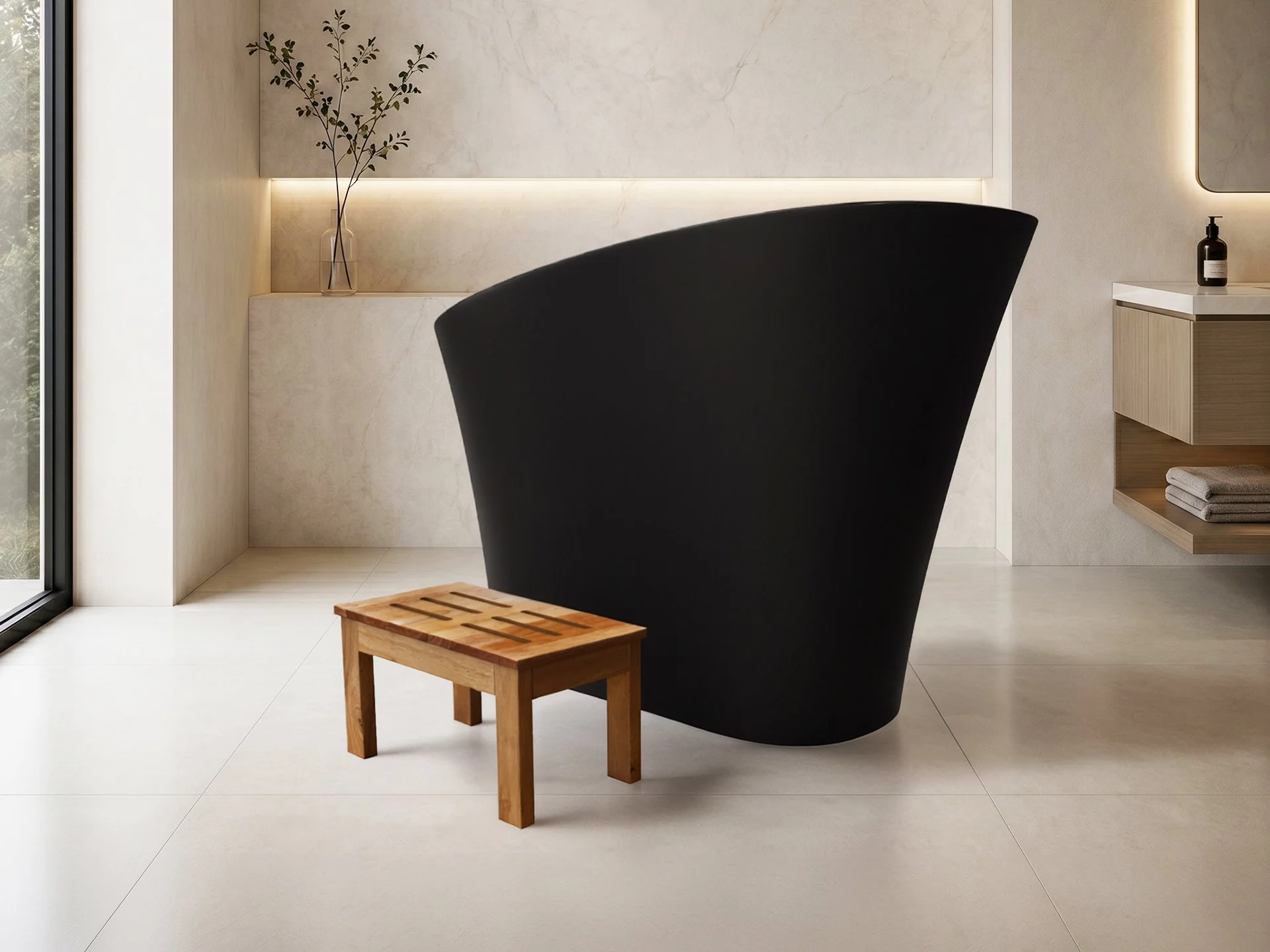 47" Modern Japanese Black Solid Surface Stone Soaking Bathtub-Perfect for Relaxation