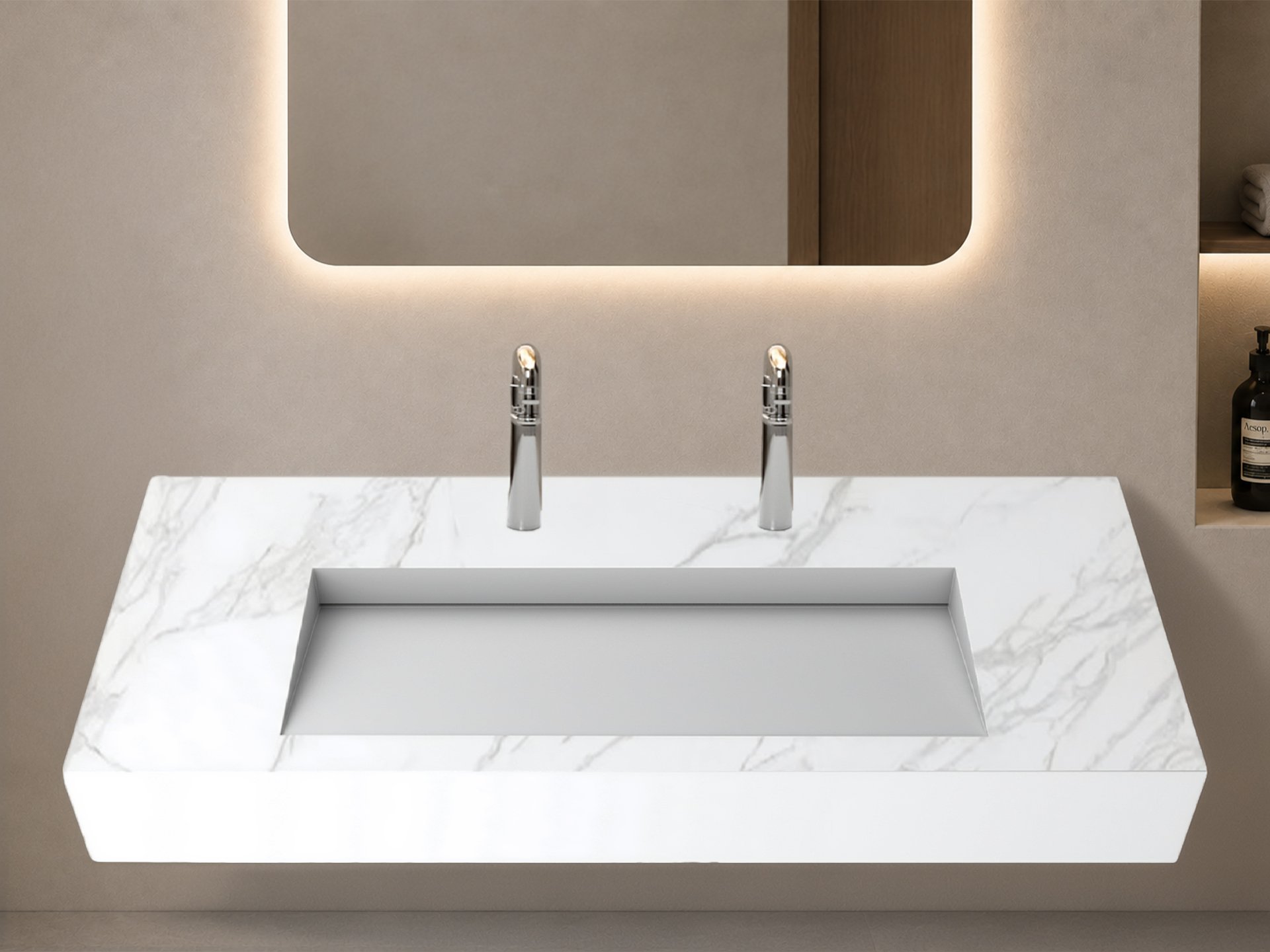 Pyramid 72" Wall Mounted Bathroom Sink, Marble White