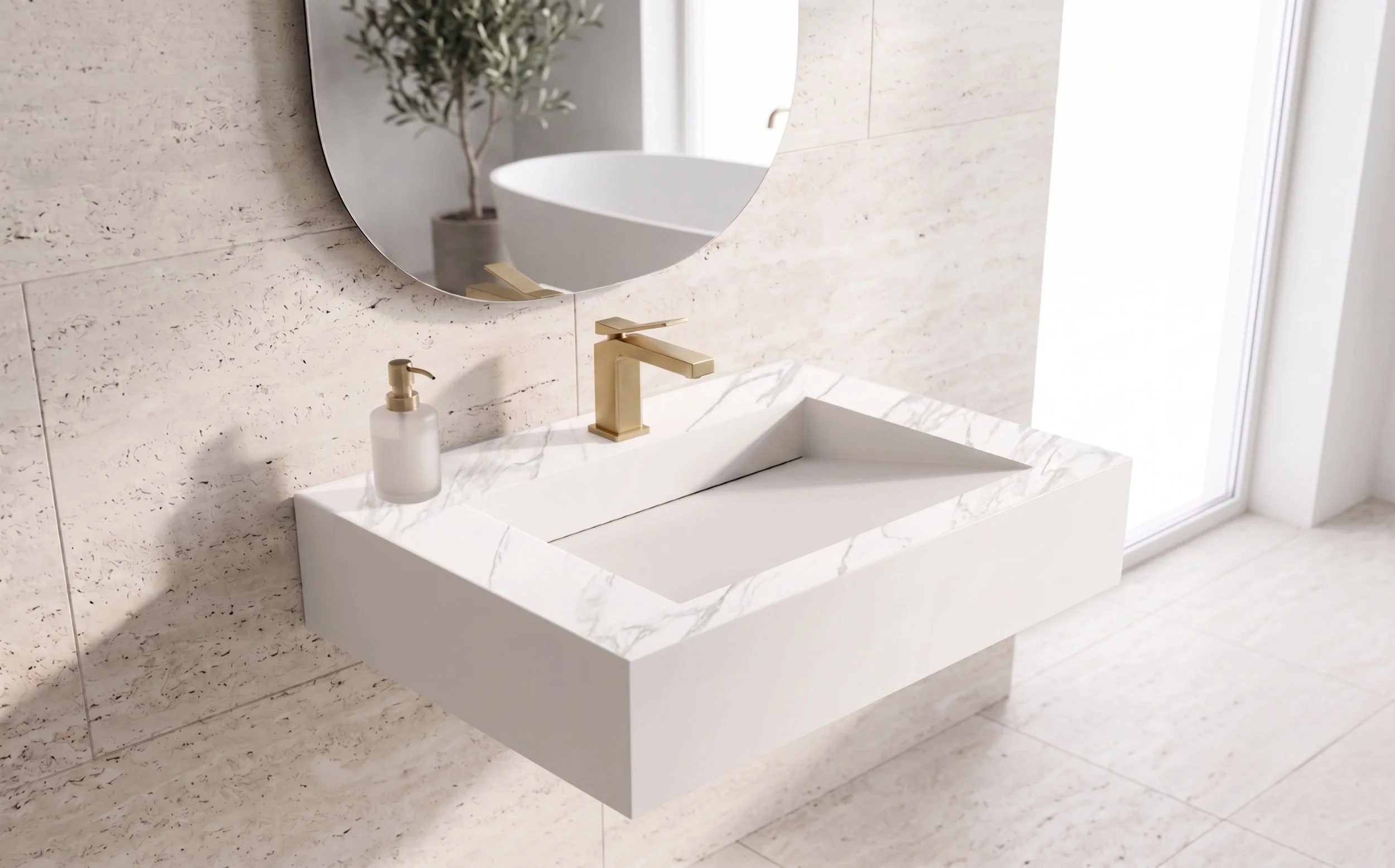 Pyramid 36" Wall Mounted Bathroom Sink,Marble White