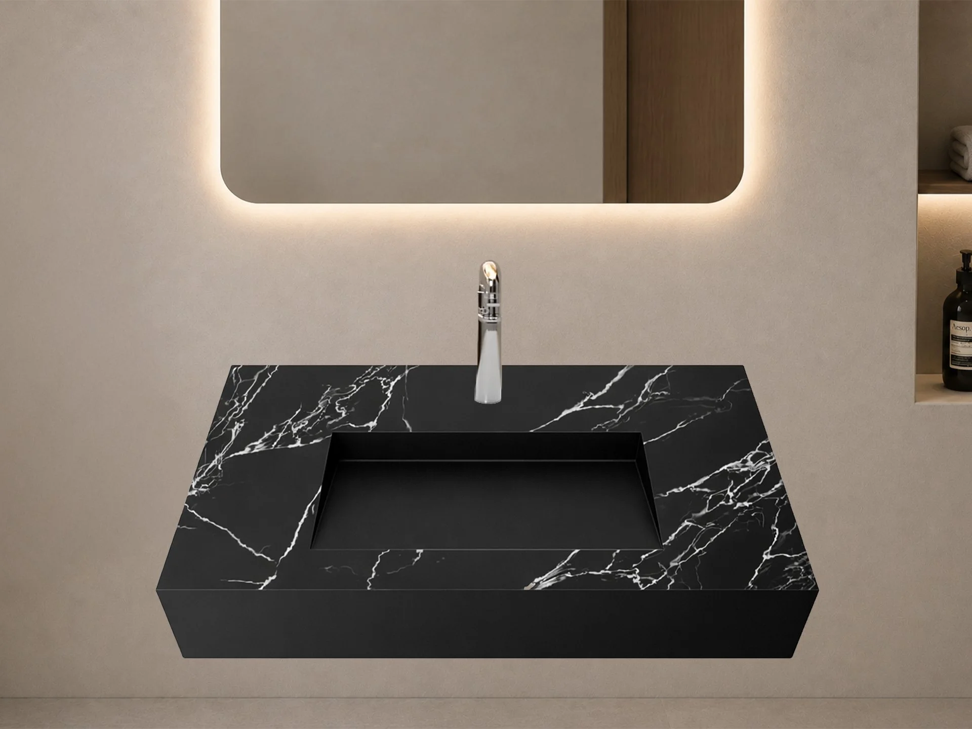 Pyramid 36" Solid Surface Manmade Stone Bathroom Sink in Black Marble