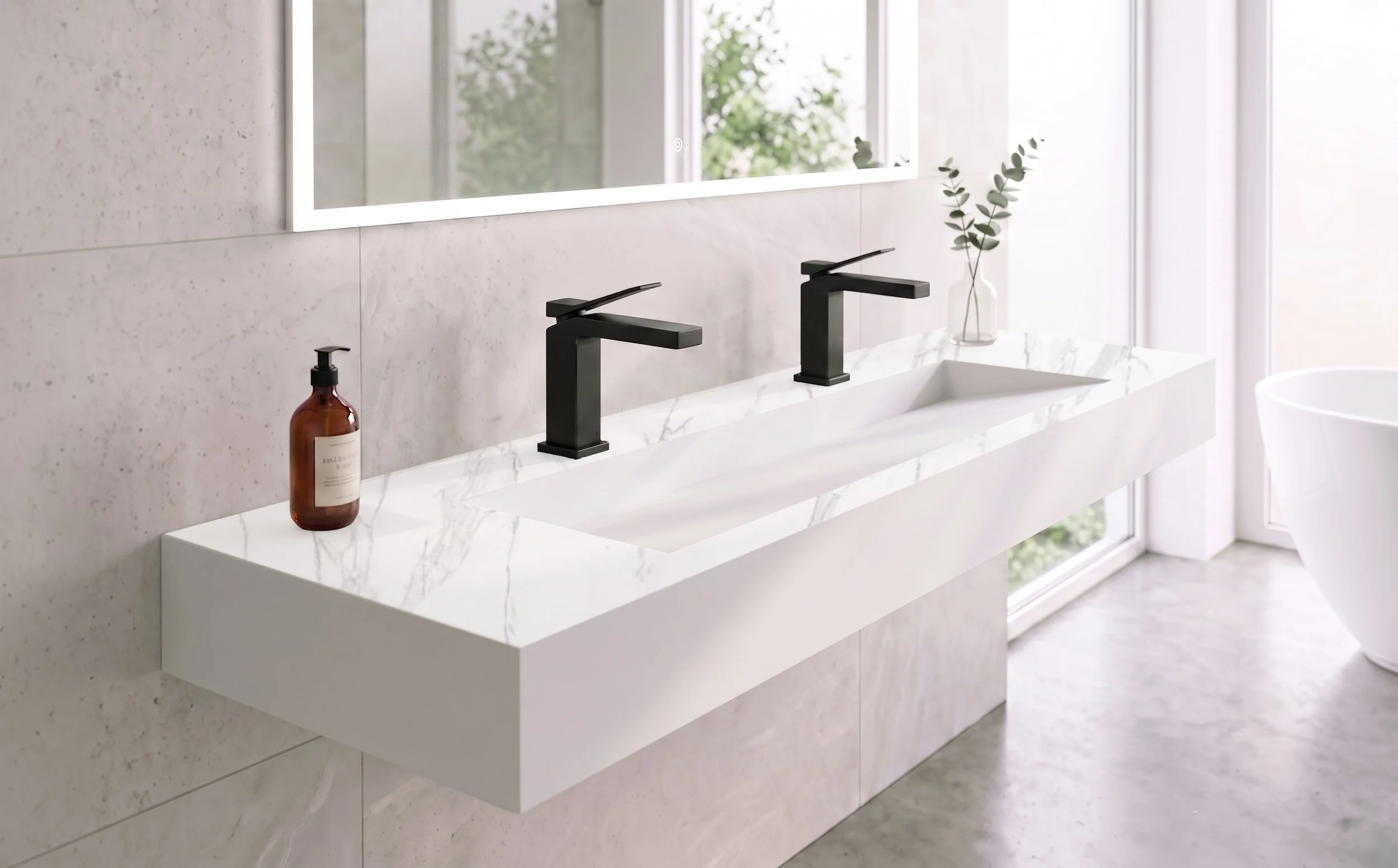 Pyramid 60" Wall Mounted Bathroom Sink,Marble White
