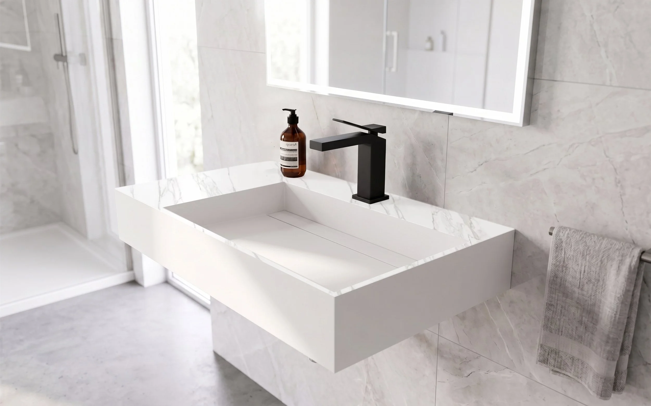 Juniper 30" Right Wall Mounted Bathroom Sink, Marble White